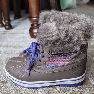 Kids Brown Faux-Fur Winter Boots with Purple Accents